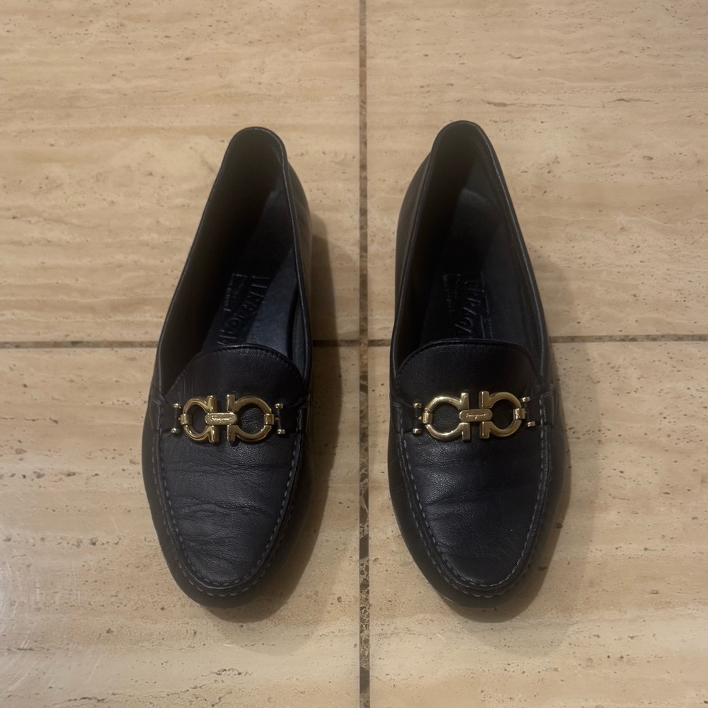 Salvatore Ferragamo Black Loafers with Gold Accent
